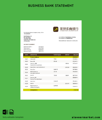 Changshu Rural Commercial Banka firm account Hesap Özeti Word and PDF Şablon
