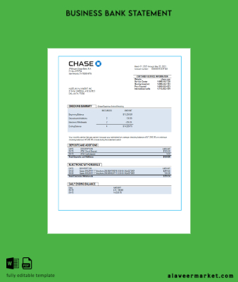 Chase Banka İşletme checking account Hesap Özeti Word and PDF Şablon