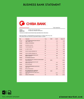 Chiba Banka Şirket checking account Hesap Özeti Word and PDF Şablon