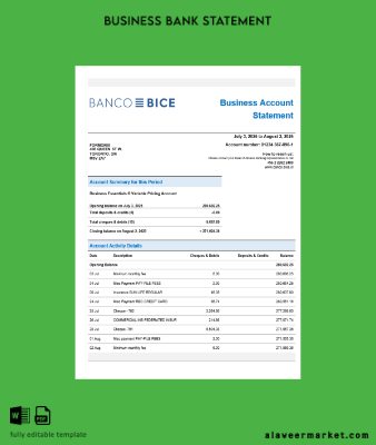 Şili Banco Bice İşletme firm account Banka Hesap Özeti Word and PDF format