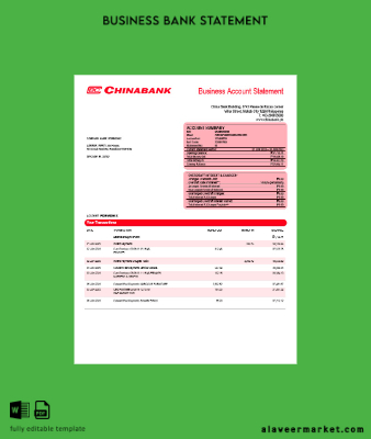 Çin Banka Corporation Şirket account Hesap Özeti Word and PDF Şablon