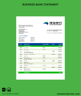 Çin Bohai Banka İşletme Hesap Özeti Word and PDF Şablon