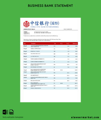 Çin Citic Banka corporate account Hesap Özeti Word and PDF Şablon