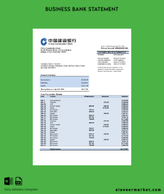 Çin Construction Banka İşletme account Hesap Özeti Word and PDF Şablon