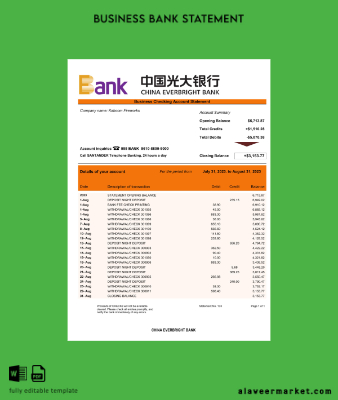 Çin Everbright Banka firm account Hesap Özeti Word and PDF Şablon