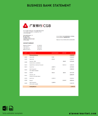 Çin Guangfa Banka Şirket Hesap Özeti Word and PDF Şablon
