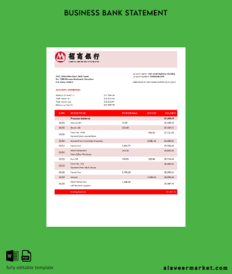 Çin Merchants Banka firm account Hesap Özeti Word and PDF Şablon