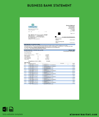 Çin Minsheng Banka firm account Hesap Özeti Word and PDF Şablon