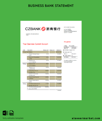 Çin Zheshang Banka İşletme Banka Hesap Özeti Word and PDF Şablon