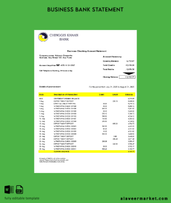 Chinggis Khaan Şirket checking account Hesap Özeti Word and PDF Şablon (1)
