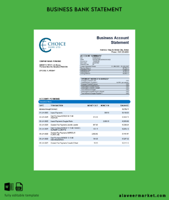 Choice Banka İşletme firm Hesap Özeti Word and PDF format