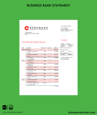 Chongqing Rural Commercial Banka firm account Hesap Özeti Word and PDF Şablon