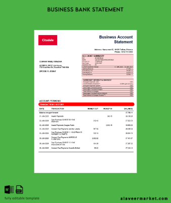 Citadele Banka Eesti filiaal AS İşletme account Hesap Özeti Word and PDF Şablon