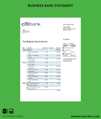 Banka Banka İşletme account Hesap Özeti Word and PDF Şablon