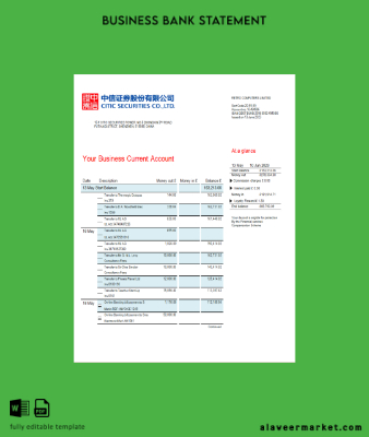 Citic Securities Banka firm account Hesap Özeti Word and PDF Şablon
