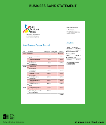 City National Banka of Kimlik Kartı firm account Hesap Özeti Word and PDF Şablon