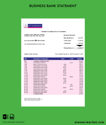 City Union İşletme firm Hesap Özeti Word and PDF format