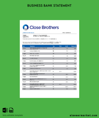 Close Brothers Banka Group Şirket checking account Hesap Özeti Word and PDF Şablon