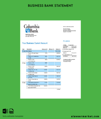 Columbia Banka enterprise account Hesap Özeti Word and PDF Şablon