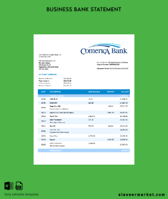 Comerica Banka İşletme Hesap Özeti Word and PDF Şablon