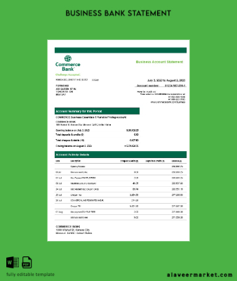 Commerce Banka firm account Hesap Özeti Word and PDF Şablon
