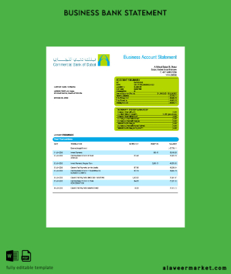 Commercial Banka of Dubai Şirket checking account Hesap Özeti Word and PDF Şablon