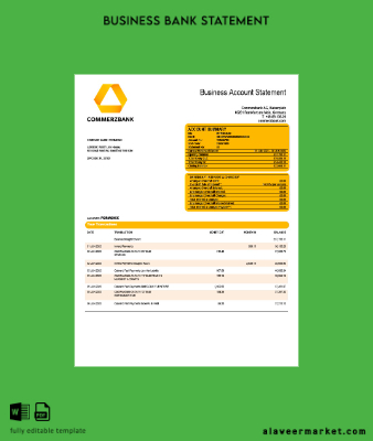 Banka Şirket checking account Hesap Özeti Word and PDF Şablon