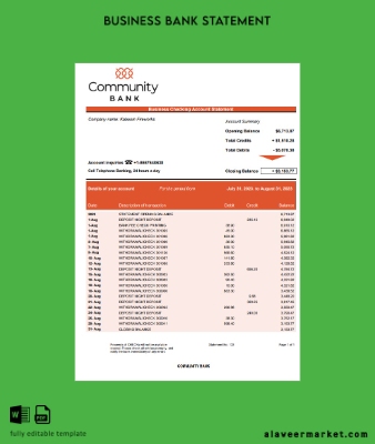Community Banka İşletme Hesap Özeti Word and PDF Şablon