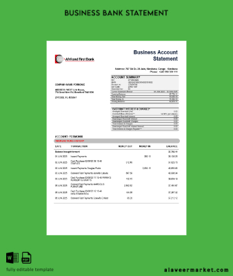 Congo Afriland First Banka İşletme firm account Banka Hesap Özeti Word and PDF format