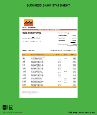 Congo Kredi du Congo Banka İşletme account Hesap Özeti Word and PDF Şablon