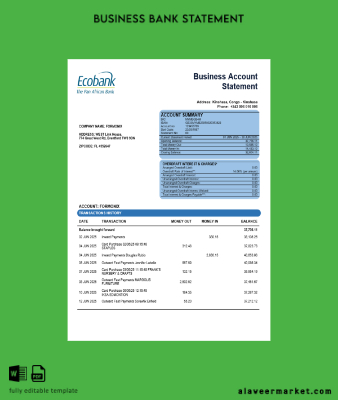 Congo Banka firm account Hesap Özeti Word and PDF Şablon