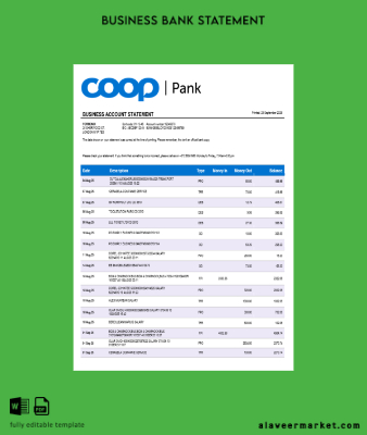 Coop Pank Şirket checking account Hesap Özeti Word and PDF Şablon