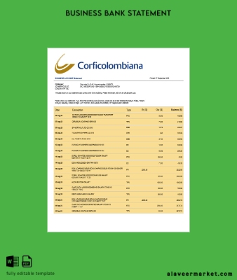 Kolombiya Banka İşletme checking account Hesap Özeti Word and PDF Şablon