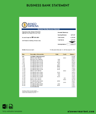 Costa Rican Banco Improsa Banka firm account Hesap Özeti Word and PDF Şablon