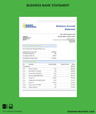 Costa Rican Banco Nacional de Costa Rican İşletme Banka Şirket account Hesap Özeti Word and PDF format