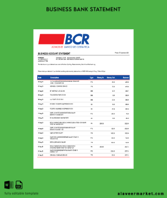 Costa Rican The Banka of Costa Rican Banka organization checking account Hesap Özeti Word and PDF format