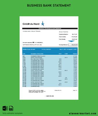 Crédit du Nord enterprise account Hesap Özeti Word and PDF Şablon