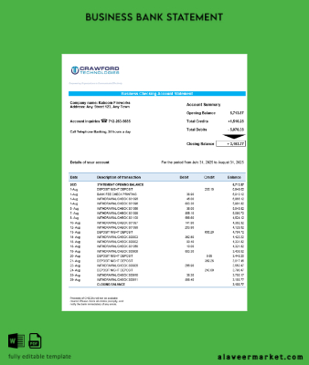 Crawford Technologies İşletme firm account Hesap Özeti Word snd PDF format