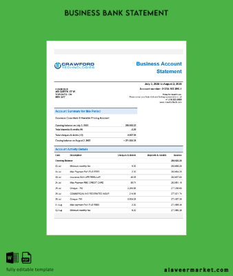 CrawfordTech İşletme Banka Hesap Özeti Word and PDF format