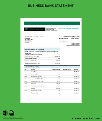 Kredi Agricole Banka enterprise checking account Hesap Özeti Word and PDF Şablon