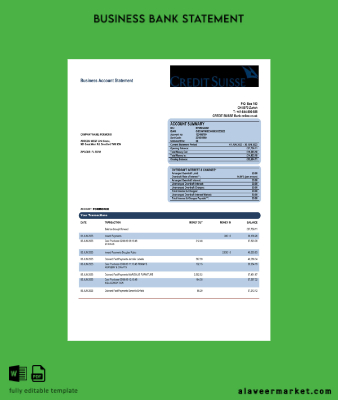 Kredi Suisse Banka corporate account Hesap Özeti Word and PDF Şablon