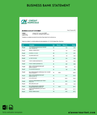 Kredi Agricole Şirket checking account Hesap Özeti Word and PDF Şablon
