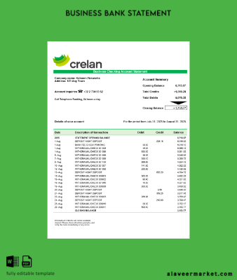 Crelan Banka Şirket checking account Hesap Özeti Word and PDF format