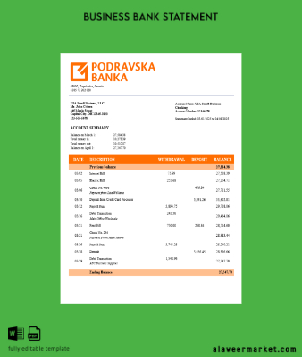 Hırvatistan Podravska Banka corporate checking account Hesap Özeti Word and PDF Şablon
