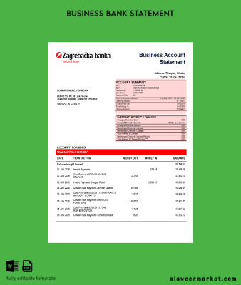 Hırvatistan Zagrebačka Banka İşletme firm account Hesap Özeti Word snd PDF format