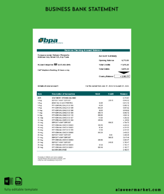 Küba Banco Popular de Ahorro (BPA) Şirket Hesap Özeti Word and PDF format