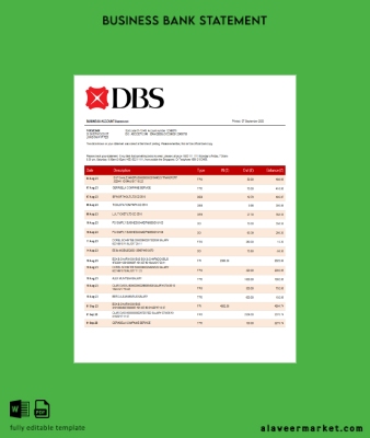 DBS Banka organization checking account Hesap Özeti Word and PDF Şablon