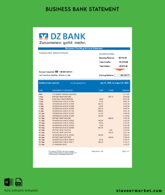 DZ Banka organization Hesap Özeti Word and PDF Şablon