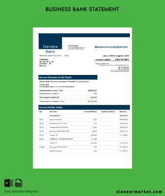 Danske Banka enterprise Hesap Özeti Word and PDF Şablon