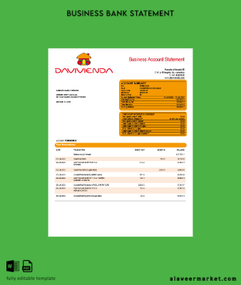 Davivienda Banka Şirket checking account Hesap Özeti Word and PDF Şablon